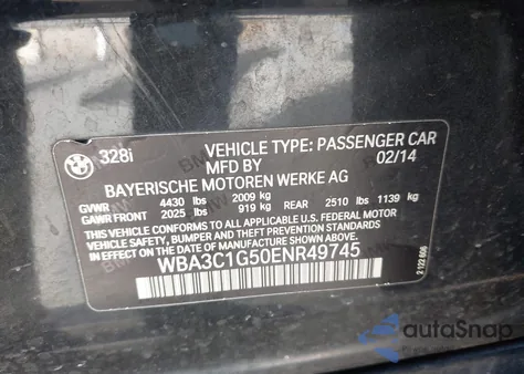2014 BMW 328I from USA, damaged, VIN WBA3C1G50ENR49745